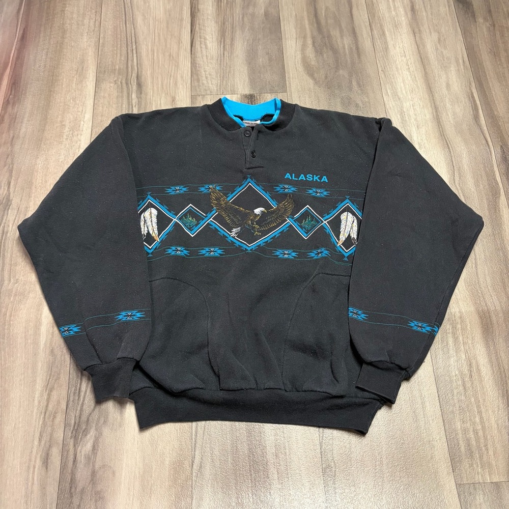 Art Unlimited Sportswear Alaska Eagle Henley Sweatshirt Black Turquoise Mens M